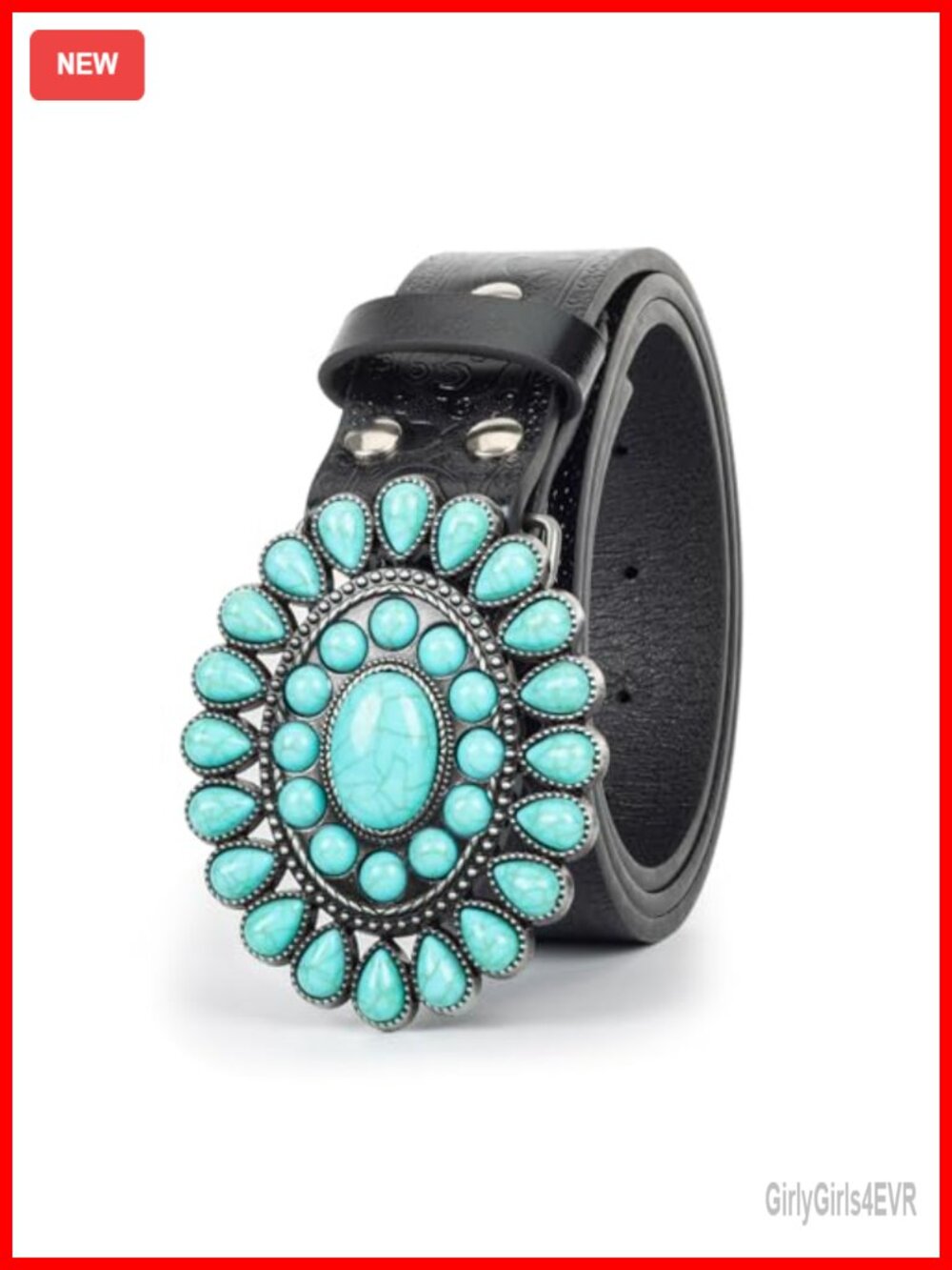 Womens Western Belt with Detachable Turquoise Buckle, Embossed PU Leather,